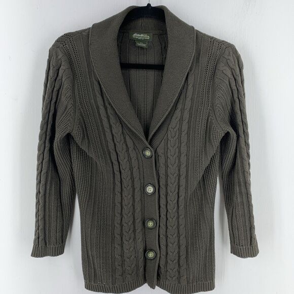 Eddie Bauer Womens Small Cardigan Sweater Fisherman Shawl Collar Cable Knit FLAW - Picture 1 of 8
